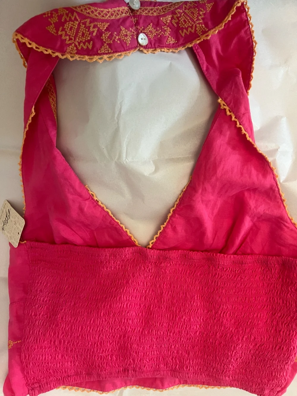 Free People Pink Halter Tank Top with Gold Embroidery